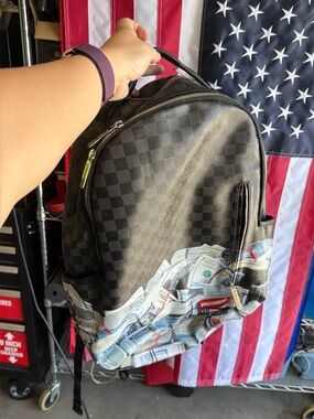 Sprayground Black Checkered Backpack with Money Print Accent
